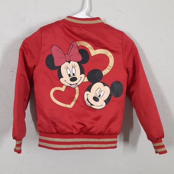 Disney Minnie Mouse Bomber Jacket Girls 7/8 Red Lined Insulated Full Zip Gold - Picture 1 of 11